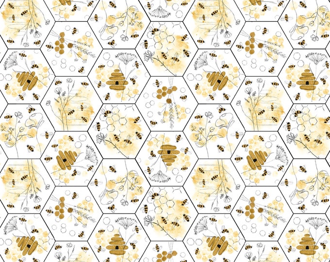 Royal Jelly Bees & Floral Honeycomb Fabric // Blank Quilting 2848-41 by the Half Yard