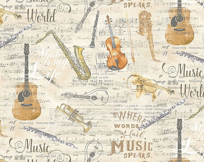 REMNANT 6" Sonata Instruments Sheet Music Fabric // Timeless Treasures MUSIC-CD3091 Antique