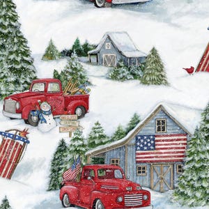 Christmas Cotton Snow & Red Trucks Fabric // Springs Creative SPR77505-G550715  by the Half Yard