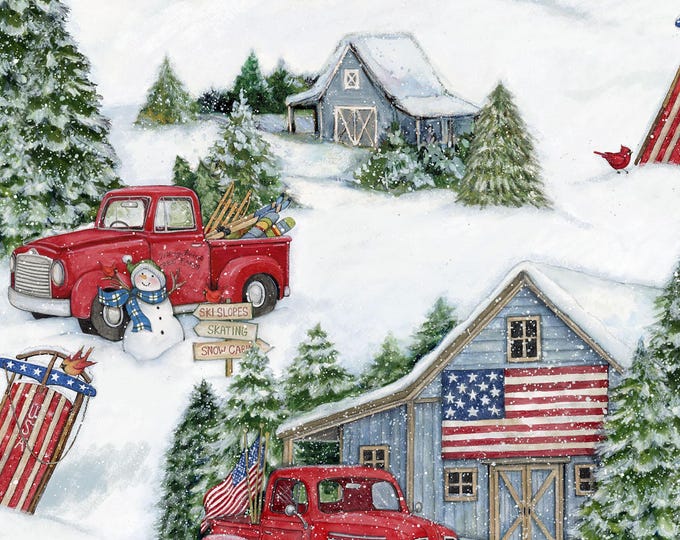 Christmas Cotton Snow & Red Trucks Fabric // Springs Creative SPR77505-G550715  by the Half Yard