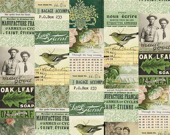 Tela collage con paleta verde de Tim Holtz // FreeSpirit PWTH260.GREEN por media yarda