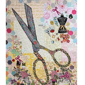 May include: A colorful patchwork quilt design featuring a pair of large scissors with a leopard print handle. The scissors are surrounded by various sewing and fabric scraps, including a small sewing machine, buttons, and thread. The quilt is titled "Sewing Scissors" by Laura Heine.