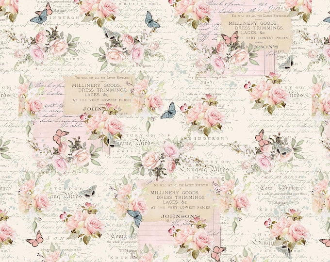 Parisian Snippets Roses with Text Fabric // Blank Quilting 4298-41 Ecru by the Half Yard