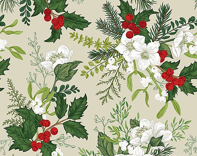 Winter Blooms Tossed Floral Fabric // In The Beginning 3WB-1 Ecru by the Half Yard