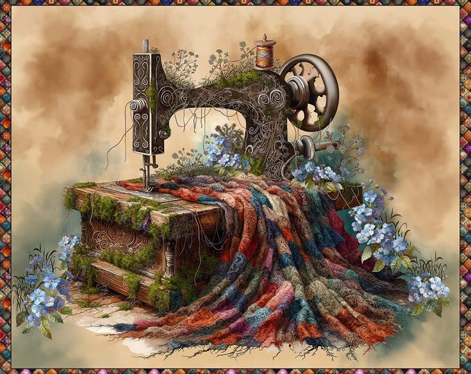 Forget Me Not Sewing Machine Fabric Panel 36" // Blank Quilting 4287P-30 Tan