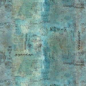 Pode incluir: Impressão de arte abstrata com uma aparência desgastada e texturizada. O design apresenta uma paleta de cores azul-petróleo e azul com texto sobreposto, círculos e padrões lineares. Palavras como "changes, chances" e "one step at a time" são visíveis.