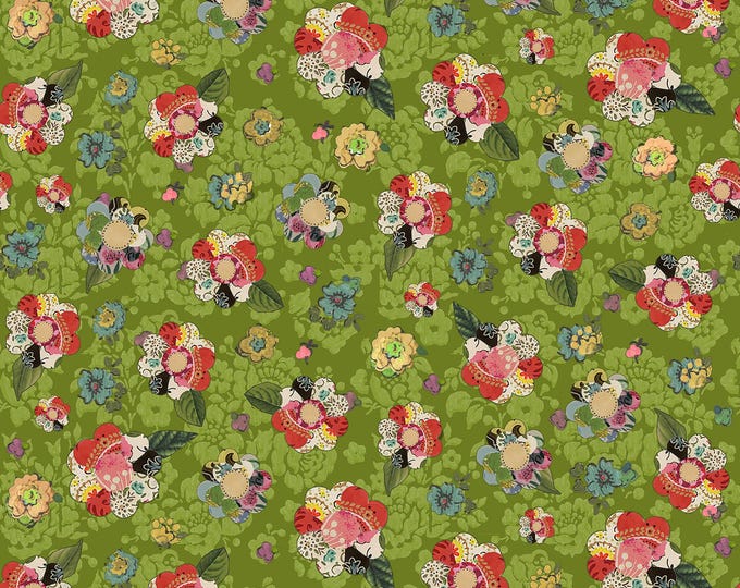 Soul Shine & Daydreams Collage Flower Fabric // Benartex 10347-44 Dark Lime by the HALF YARD