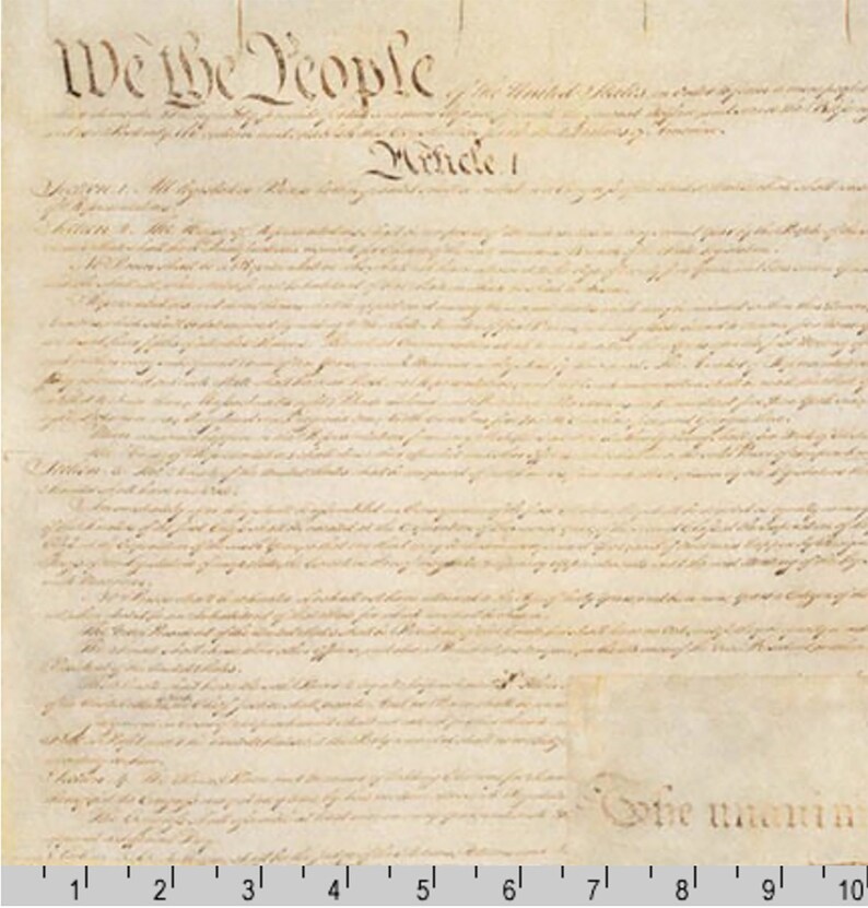 Pode incluir: Um documento em pergaminho com o texto We the People e Article 1 em tinta preta. Uma r&eacute;gua na parte inferior mostra uma escala de 25 cm. O papel tem uma apar&ecirc;ncia envelhecida e desgastada com textura vis&iacute;vel e escrita em tinta castanha.