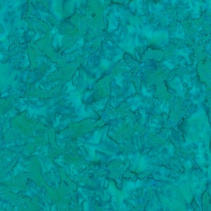 May include: A teal and turquoise batik fabric with a textured, mottled appearance. The fabric features organic, flowing patterns in varying shades of teal and turquoise, creating a visually dynamic surface.