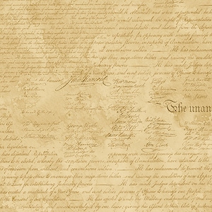 May include: A vintage-style background with a faded, cream-colored paper texture. The paper is covered in handwritten text, including the Declaration of Independence, signed by John Hancock. The text is in a brown ink and includes the date "July 4, 1776".