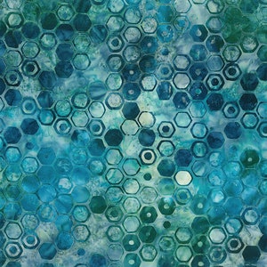 May include: Abstract teal and green pattern with a honeycomb design. The pattern is made up of overlapping hexagons and circles.