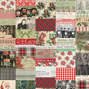 May include: A collage of vintage Christmas-themed ephemera. The design incorporates various elements, including poinsettias, plaid patterns, old photographs, and handwritten text. The color palette features red, green, and cream tones, evoking a nostalgic holiday feel.