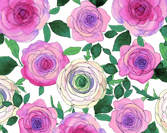 Radiance Posies Fabric // Clothworks Y2935-1 White by the HALF YARD