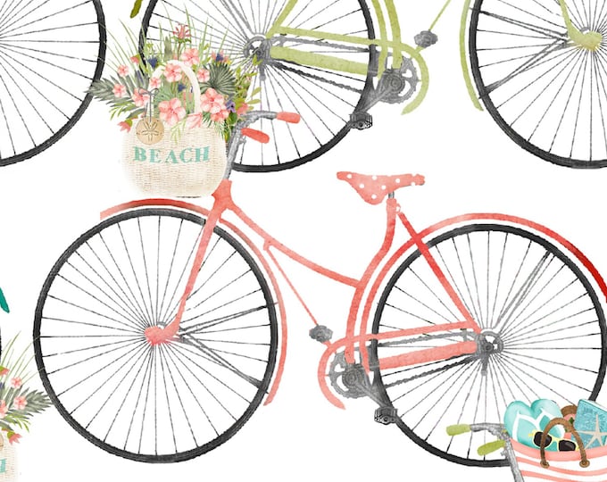 Beach Travel Bicycles Fabric // 3 Wishes 17341-WHT by the Half Yard