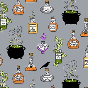 May include: A seamless pattern featuring various potion bottles with labels like "Black Magic", "Moon Dust", "Dragon Breath", and "Graveyard Mist".  There are also cauldrons with bubbling green liquid and a black crow perched on a bottle.