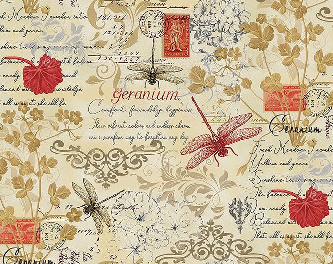 Scarlet Beauty Text & Floral Fabric // Timeless Treasures FLEUR-CD3182 Cream by the Half Yard