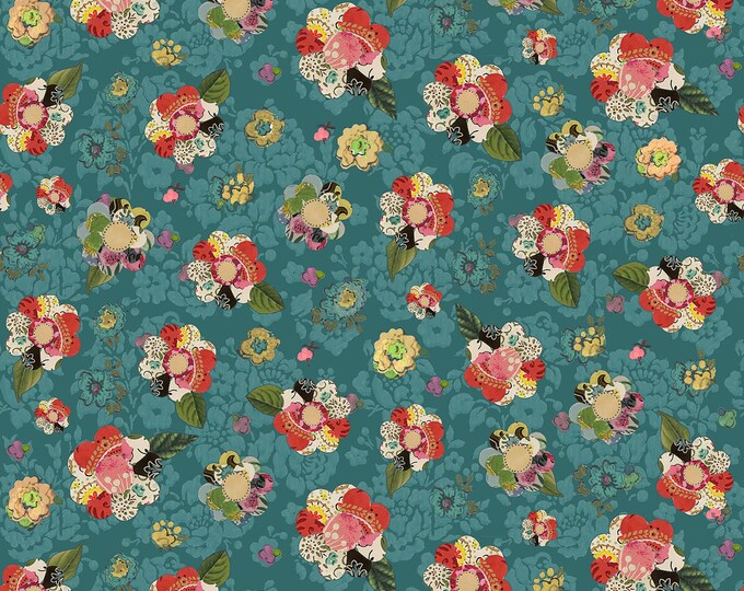 Soul Shine & Daydreams Collage Flower Fabric // Benartex 10347-84 Dark Teal by the HALF YARD
