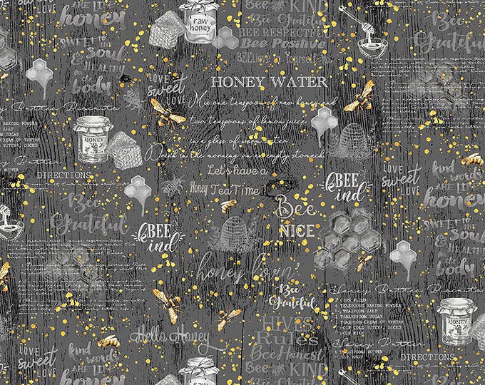 Honey Bee Farm Hives, Rules and Quotes Fabric // Timeless Treasures BEE-CD2389 Grey by the HALF YARD