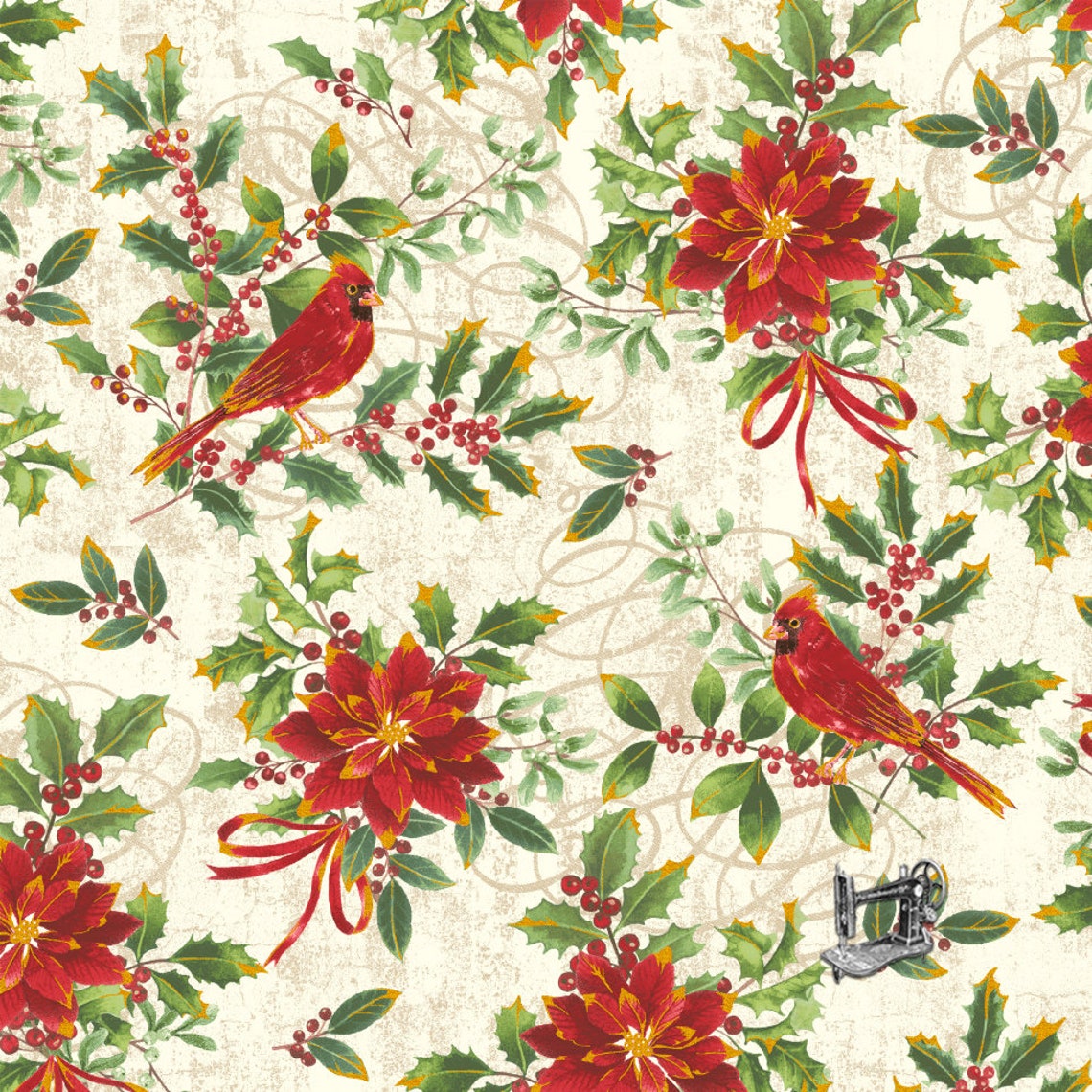 Noel Cardinals Christmas Floral Fabric // Windham Fabrics Etsy