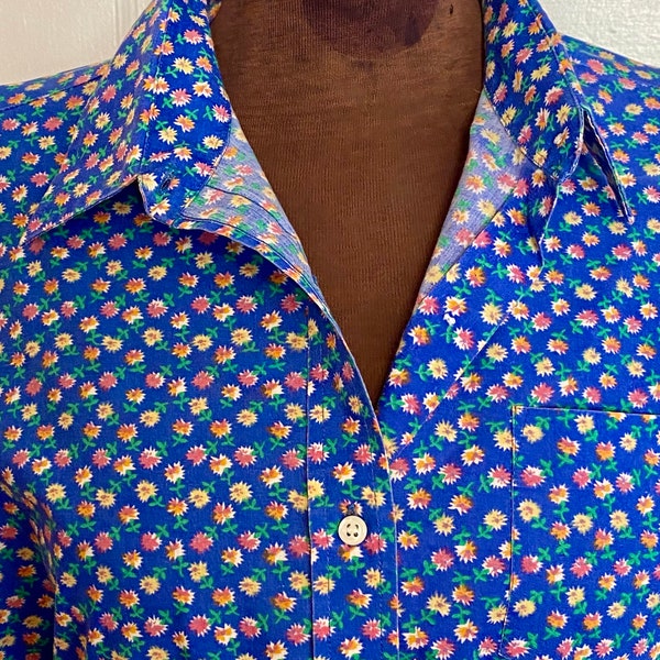 Vintage Blue Floral Button Up Shirt With Pocket