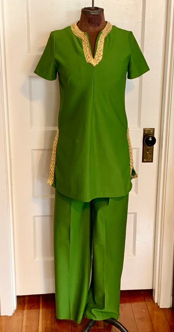 Vintage Late 60s Polyester Green Pant Suit