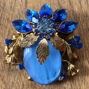 Vintage Blue And Brass Rhinestone Brooch