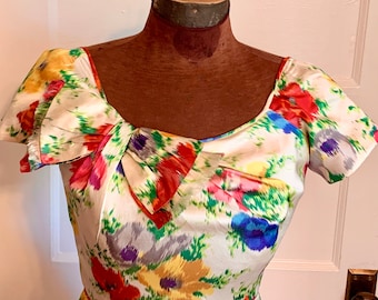 Vintage Floral Silk Satin Party Dress