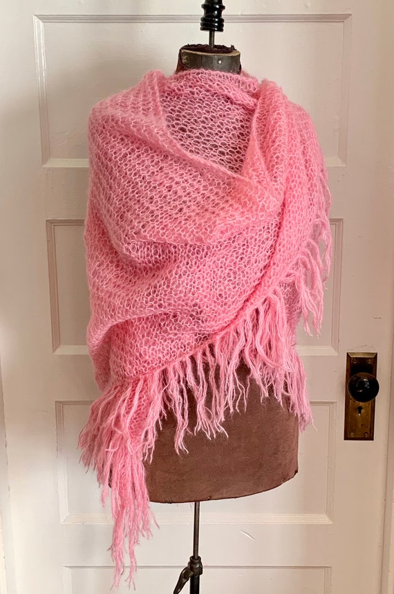 Vintage Bubblegum Pink Knitted Mohair Shawl