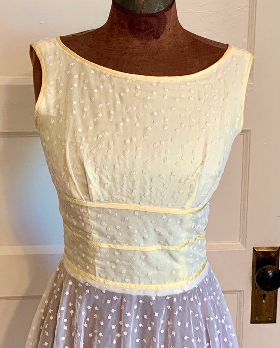 Vintage Yellow And White Sheer Flocked Dress