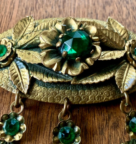 Antique Brass And Green Rhinestone Brooch - image 3