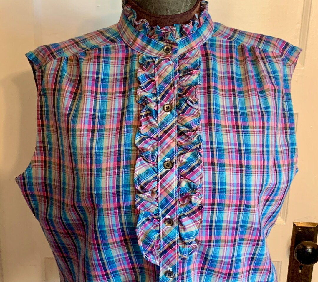 Vintage Early 80s Plaid Ruffle Neck Sleeveless Blouse - Etsy
