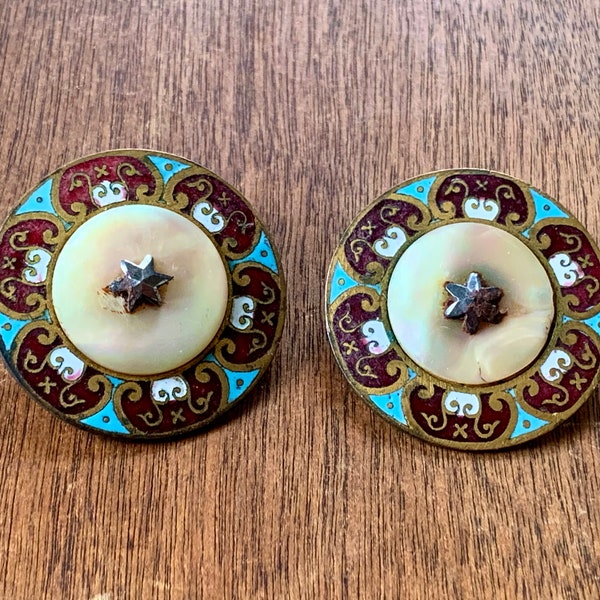 Vintage Champleve Enamel Clip On Earrings