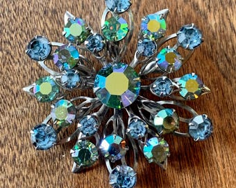 Aurora Borealis Rhinestone Brooch: Bi-color Art Glass 