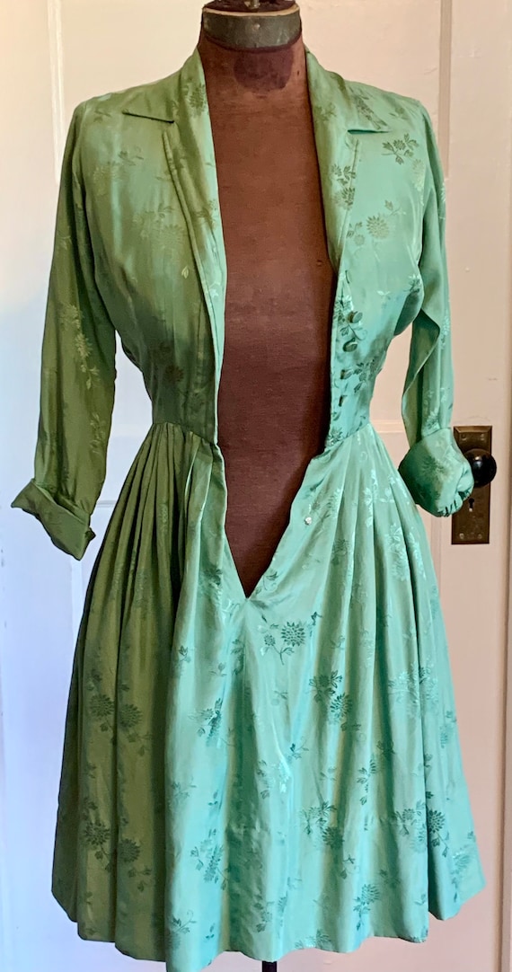 Vintage 50s Sage Green Silk Dress Gem
