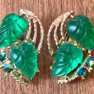 Vintage Rhinestone Green Leaf Earrings