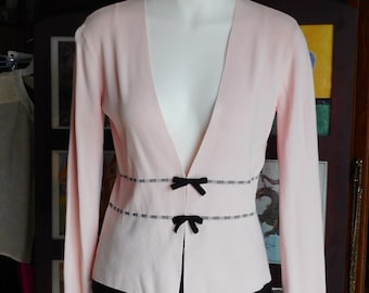 Vintage Cardigan. Alfani. Black Accents on Very Soft Pink. Will Fit S and Some M. Hook Fasteners at the Waist. Made in Hong Kong. Pre Loved.