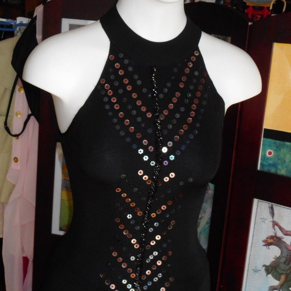 Vintage Knit Top. Stretch. Halter Neckline. Naked Shoulders. Lustrous Black With Beading and Sequins. Seems Viscose. Will Fit S. Pre Loved.