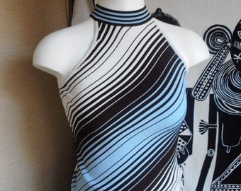 Vintage Knit Top. Stretch. Halter Neckline. Naked Shoulders. Blue, Brown, Black and Off White. Viscose and Nylon. Will Fit S. Pre Loved.