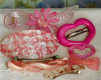 Vintage Lot of 7 Hair Barrettes. Hair Clips. Happy Shades of Pink. Celluloid and Plastic With Metal.  Mostly Unmarked. Each Different.