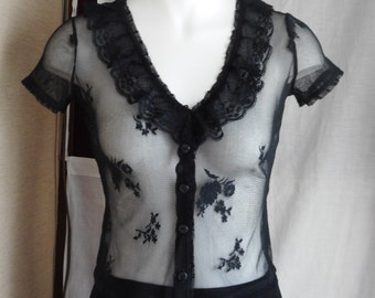Vintage 90s Sheer Dark Floral Gothic Grave Rave Dreamy Top sz S M art goth Roses Button Up Shirt