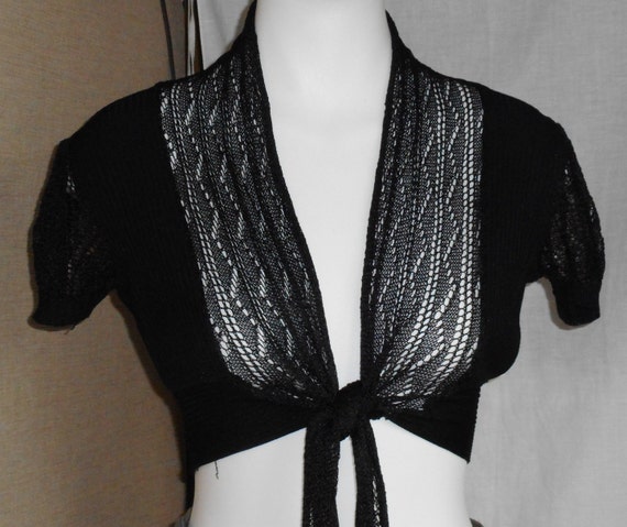 Vintage Semi Sheer Black Knit Top. Front Knot Tie… - image 1