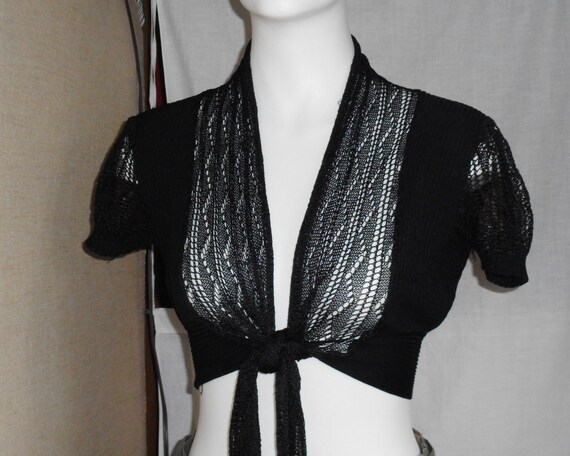 Vintage Semi Sheer Black Knit Top. Front Knot Tie… - image 3
