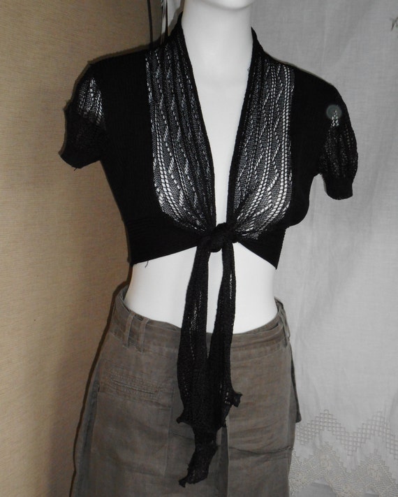 Vintage Semi Sheer Black Knit Top. Front Knot Tie… - image 4