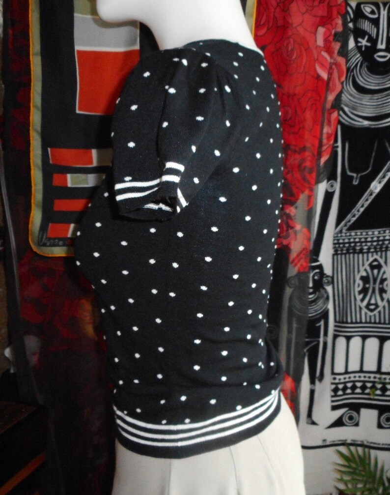 Lolita Classic and Cute Fits S Pin Up Pre-Loved. Vintage Knit Top Polka Dots and Stripes Gathered Short Sleeve Black and White