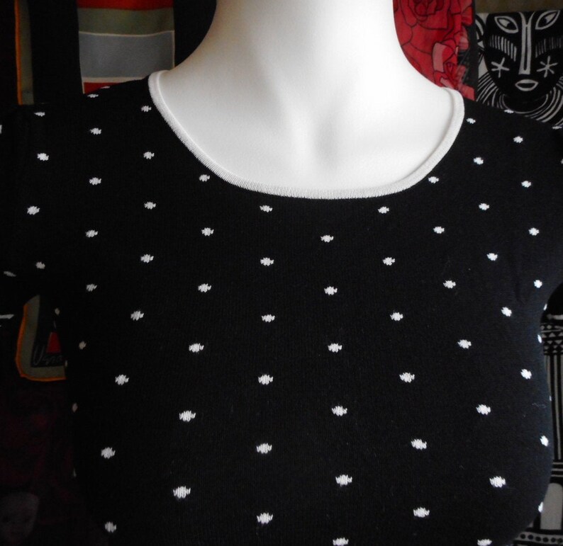 Lolita Classic and Cute Fits S Pin Up Pre-Loved. Vintage Knit Top Polka Dots and Stripes Gathered Short Sleeve Black and White