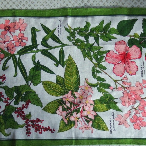 Vintage Kitchen Towel. Flowers of Bermuda. 100% Irish Linen. Never Used. Pink Tropical Flowers.