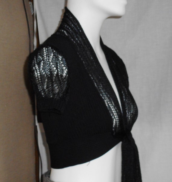 Vintage Semi Sheer Black Knit Top. Front Knot Tie… - image 8
