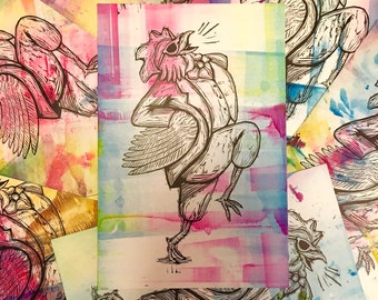 Rainbow Cocky Rooster Woodcut Print