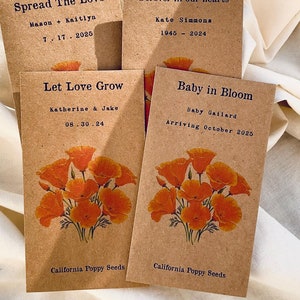 Paquetes personalizados de semillas de amapola de California a granel: recuerdos de boda, regalo de cumpleaños, recuerdos para fiestas rústicas, decoración para bodas en graneros, jardín DIY, ecológico.