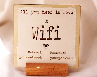 May include: A wooden sign with the text "All you need is love & wifi" and a wifi symbol. The sign also includes the network name "yournetwork" and the password "yourpassword".